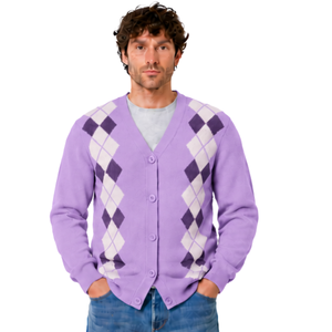 Cárdigan de punto para hombre, color morado, con cuello en V, diseño de rombos, botones al frente, mangas largas, estilo clásico, informal y cálido. - Product Image 3