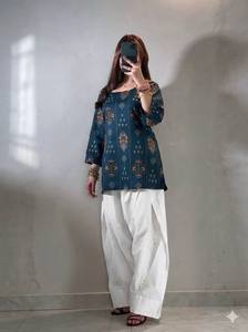 Women's Traditional Indian Cotton Kurta Set Digital <b>Print</b> Embroidered Regular Fit Midi Length <b>White</b> <b>Palazzo</b> Pants Casual Wear - Product Image 2