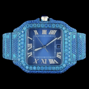 Hot Selling <b>Blue</b> Color Cubic Zirconia Diamond Square Case With Roman Numerals Dial Trendy Quartz Movement Hip Hop <b>Man's</b> <b>Watch</b> - Product Image 1