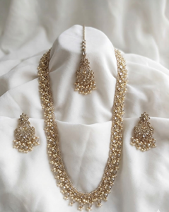 Crystal <b>Beaded</b> Long Necklace <b>Set</b> Kundan Work Traditional Indian Mala Antique Gold Plated Zircon Stones Gift Engagement Party - Product Image 4