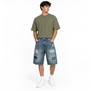 Shorts en jean droits pour hommes, coupe longue, en coton, avec délavage indigo, broderie personnalisée, longueur genou, coupe décontractée - Product Image 1