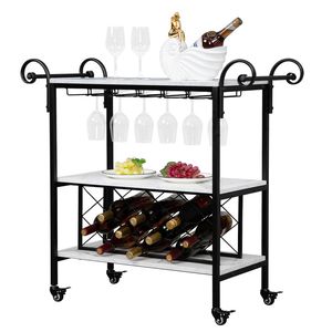 Carrello Portabottiglie HODELY in Ferro e Legno Effetto Marmo, a Due Livelli, con Doppio Bracciolo, Spessore 1,5 mm, in Pannello Densificato, per Conservazione Vini Pregiati - Product Image 1