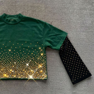 Camiseta de Manga Larga de Doble Capa con Corte Personalizado, Estilo Urbano con Pedrería, 100% Algodón, Lavado Vintage - Product Image 3