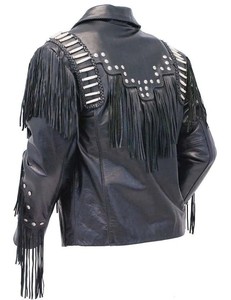 Veste en cuir véritable noir de qualité supérieure pour homme avec franges et clous argentés, style motard, col rabattu, personnalisation disponible - Product Image 3
