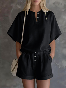 Conjunto de Dos Piezas de Verano para Mujer, Color Sólido, Informal, Top de Manga Corta con Detalle de Botones, Corte Holgado, Largo por Encima de la Rodilla - Product Image 1