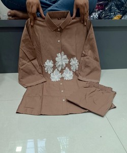 Women Brown Cotton Kurta <b>Palazzo</b> Set With <b>White</b> Floral Embroidery Casual Wear India Pakistan Style All Seasons 86468 SHAGUN - Product Image 3