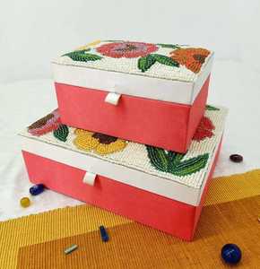 NOUSHAD HANDICRAFTS Boîte de rangement à bijoux rectangulaire moderne de luxe en velours brodé avec couvercles pour la maison et le transport - Product Image 3