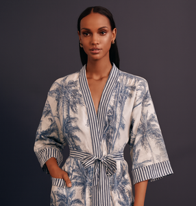 Kimono largo de algodón con estampado artesanal indio para mujer, cuello en V, manga larga, estilo bohemio, para estar en casa o la playa, ideal para primavera. - Product Image 1
