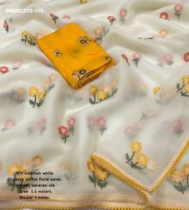 Magnifique sari en organza et mousseline avec broderie multi-fils et travail floral Butti, et chemisier en soie Banarasi Minakari – Vente en gros - Product Image 3