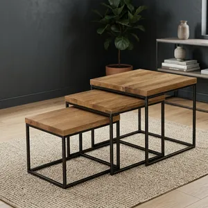 Modern Three Nesting Coffee <b>Table</b> Set Multifunctional Stackable Storage Metal Frame Metal Top <b>Small</b> <b>Table</b> <b>Wood</b> Bed Side <b>Table</b> - Product Image 2