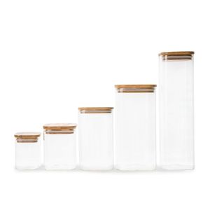Contenants de stockage alimentaire en verre avec couvercles en bois, forme cylindrique, hermétiques, sans BPA, utilisables au micro-ondes, faits à la main, pour la cuisine, design bohème - Product Image 1