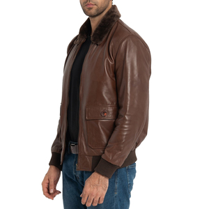 Men's Brown Genuine Leather Bomber Jacket Stand Zipper Closure Waterproof Winter Windproof Front Moto Biker Style Factory Price - Product Image 4