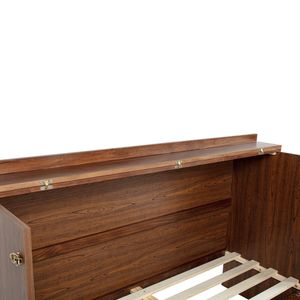 Lit Murphy en bois de pin taille Queen avec station d'alimentation et panneau décoratif en rotin couleur noyer - Product Image 1