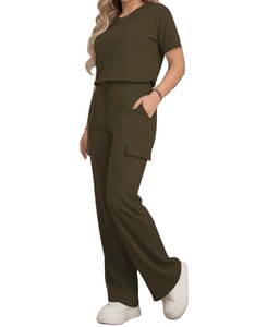 Ensemble pantalon pour femme : haut à manches courtes à col rond de couleur unie de style décontracté et pantalon long polyvalent à taille élastique pour tous les jours - Product Image 2