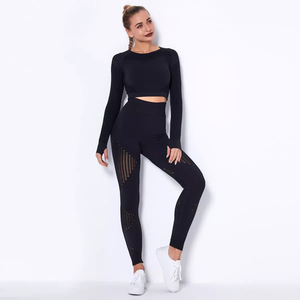 <b>Women's</b> Seamless Ribbed Yoga Set Long Sleeve Crop <b>Top</b> High Waist Leggings 2 Piece Workout Outfit <b>Burgundy</b> - Product Image 2