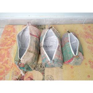 Wholesale Cotton kantha Tassel Zipper <b>Pouch</b> 3-Piece Vintage Large Eco-Friendly Portable Women's Cosmetic Organizer Bag Set - Product Image 4