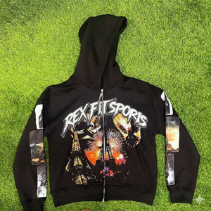REXFIT SPORTS Sweat à capuche zippé noir imprimé numériquement sur mesure, en molleton épais, style streetwear, fermeture éclair intégrale, OEM - Product Image 1