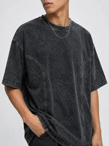 Hot Sale Men's Oversized Washed Denim Short Sleeve O-Neck T-Shirt Casual Solid Color Cotton Blend Regular Fit 2026 - Product Image 5