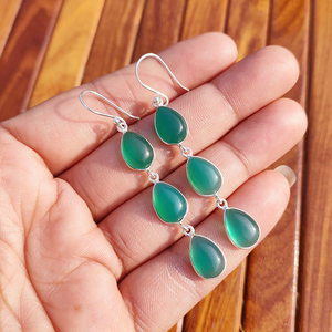 ต่างหูห้อยทรงหยดน้ำสามเม็ดประดับออนิกซ์สีเขียว ตัวเรือนทองเหลืองชุบเงิน สไตล์โบฮีเมียน สำหรับผู้หญิง เหมาะสำหรับงานปาร์ตี้ - Product Image 1