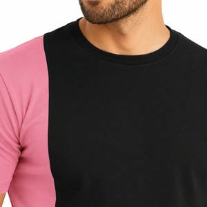 T-shirt décontracté tricoté à manches courtes col rond noir et rose pour homme, coupe régulière, respirant, polyester 220g, bordure contrastante - Product Image 3