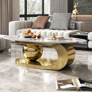 Tavolino da Caffè Ovale in Finto Marmo da 51 Pollici con Base in Acciaio Inossidabile per Soggiorno - Product Image 2