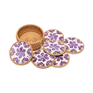 Sous-verres décoratifs en nacre violette et rotin tressé pour la maison, vaisselle, verres à jus, verres à eau, sets de table - Product Image 1