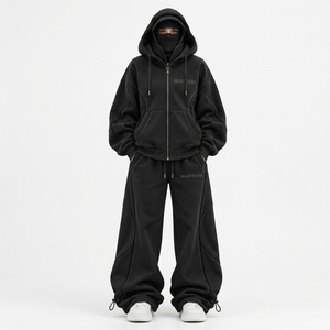 Ensemble de survêtement oversize noir pour femme, sweat à capuche zippé et pantalon de jogging large, vêtements streetwear, ensemble deux pièces personnalisé - Product Image 1
