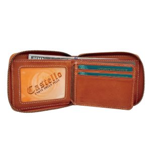 Portefeuille pour homme en cuir italien Vacchetta Castello avec fermeture éclair, porte-cartes d'identité RFID, haute qualité, embossé, marron, court, polyester, faible MOQ - Product Image 3