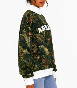 Sweat-shirt surdimensionné pour femme à imprimé tropical avec motif léopard et inscription « AREAIN », design épaules tombantes, style été - Product Image 3