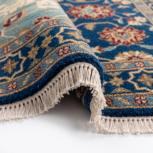 Tapis en laine DECORDEC bleu marine motif floral médaillon, écologique, antidérapant, moderne, avec bordure géométrique étoilée pour un intérieur de luxe - Product Image 6