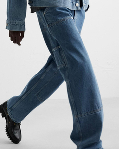 Custom High Quality Custom Men's Baggy Jeans Solid Pattern Vintage Style <b>Trousers</b> with <b>Drawstring</b> Closure Mens Denim Pants - Product Image 3