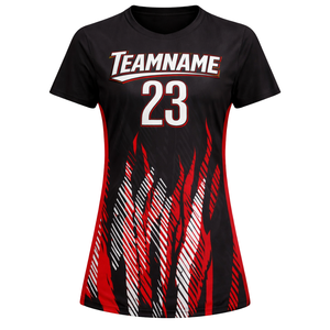 Camiseta de Fútbol Personalizada para Mujer, Diseño de Llamas en Negro y Rojo, Manga Corta, Transpirable, de Secado Rápido, Uniforme para Equipo de Fútbol Femenino - Product Image 2