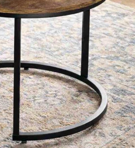 Modern Round Set of 2 Coffee <b>Tables</b> with Rustic Wood Top Decorative Design <b>Adjustable</b> Non-Slip Feet for Home & Garden Use - Product Image 6