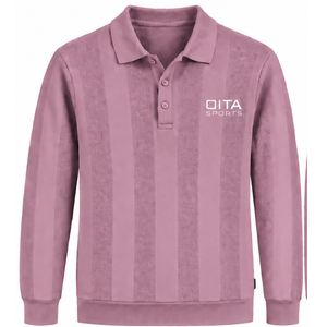 Pull-over Polo Tricoté Rose Poudré pour Homme à Manches Longues, Motif Rayures Texturées, Col et Ourlet Côtelés, Style Décontracté Chic - Product Image 1
