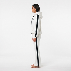 <b>Women's</b> <b>White</b> Hooded Tracksuit Set With Black Side Stripes Loose Fit Full Length Sweatshirt And <b>Jogger</b> Pants Solid Color Casual - Product Image 3