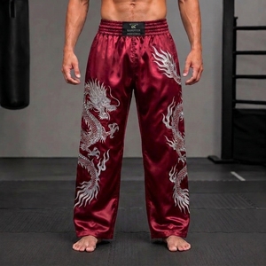 Men's <b>Red</b> <b>Silk</b> Kung Fu Pants Hand Embroidered Dragon Loose Fit Breathable Martial Arts Wear With Cheap Price & OEM Service - Product Image 1
