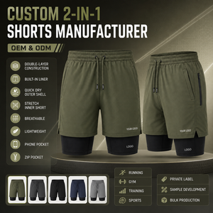 Men's Olive Green Double <b>Layer</b> Sport Shorts With Drawstring Waist And Side Pockets Quick Dry Fabric Custom Logo Front - Product Image 6