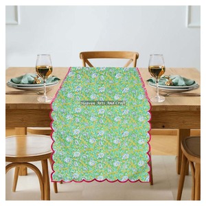 Bohemian Floral Block Print Cotton Embroidery Edge <b>Table</b> <b>Runner</b> for Dining Scallop Edge Home Hotel Decor <b>Wedding</b> Events - Product Image 4
