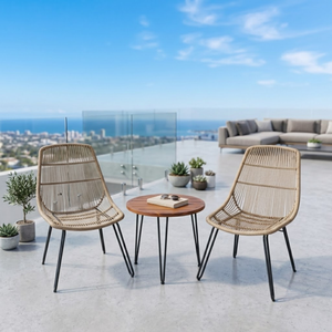 Ensemble de jardin en rotin tressé avec table ronde en teck, finition résistante à l'eau pour cour, véranda, terrasse - Product Image 1