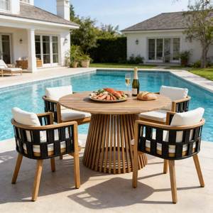 Juego de Comedor de Lujo para Exteriores con Mesa de Madera de Teca y Sillas de Cuerda, Muebles Modernos para Patio, Villa, Resort y Hotel - Product Image 1