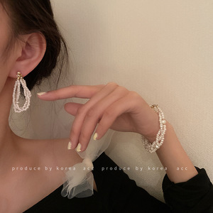 925 <b>Silver</b> Needle Wrapped Rice Bead <b>Earrings</b> Necklace Bracelet Set French Retro Light Luxury Collarbone <b>Chain</b> Pearl Necklaces - Product Image 3