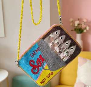 Handmade Embroidered Fish Pattern Canvas <b>Handbag</b> Rectangular Shape Textile Purse - Product Image 1