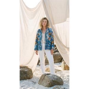 Veste en coton brodée de fleurs bleues style bohème pour femme, vêtement d'extérieur décontracté vintage ethnique à col ouvert - Product Image 1