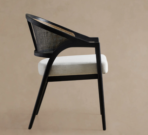 Modern Wooden Dining <b>Chair</b> with Woven Rattan Back and Linen Upholstery Midcentury Design Home Furniture - Product Image 6