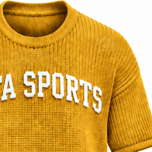 T-shirt tricoté pour homme Golden Mustard, manches courtes, col rond, texture décontractée, haut imprimé personnalisé, streetwear, mode estivale, vente en gros - Product Image 5