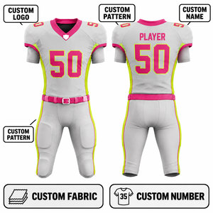 Jersey de Fútbol Americano Personalizado para Mujer, Impresión por Sublimación, Transpirable, Poliéster, Gris, Rosa, Amarillo Neón, Número 50, Totalmente Personalizado - Product Image 2
