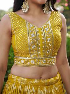 Yellow Embroidered <b>Lehenga</b> Set Block Printed Indian Pakistani Outfit Dupatta Blouse and Skirt for <b>Wedding</b> Festival - Product Image 2