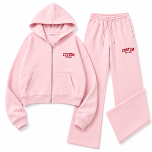 Ensemble de survêtement deux pièces OEM pour femme, rose, avec veste à col montant et pantalon de jogging à jambes larges, en coton, zippé, personnalisable avec logo, vente en gros - Product Image 3