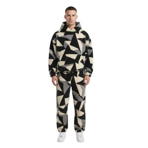 Custom Geometric Black <b>White</b> <b>Mens</b> Fleece Sweatsuit Set Printed Hoodie <b>Joggers</b> Oversized Streetwear Two Piece Apparel - Product Image 1