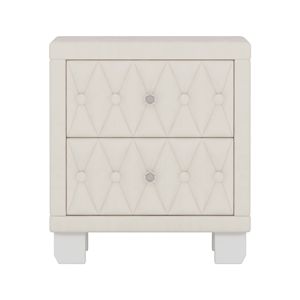 Elegante Comodino in Velluto con 2 Cassetti, Trapuntatura a Bottoni, Beige, con Maniglia in Cristallo e Vano Portaoggetti - Product Image 6